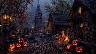 Cozy Autumn Village Halloween Ambience with Relaxing Crackling Fire & Nature Sounds, Crunchy Leaves