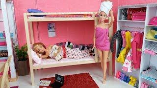 Two Barbie toy Dolls Pink Bedroom Evening Routine. Barbie video for kids.