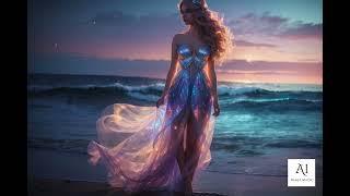 Epic AI Magic: Woman in Holographic Dress at Seashore| Ultra-Detailed Fantasy Art by MSchiffer| #ai