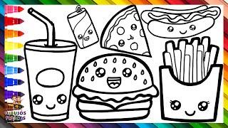 Dibuja y Colorea Comida Rapida  Dibujo De Hamburguesa, Pizza Y Hot Dog  Dibujos Para Niños