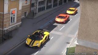 3x Lamborghini Aventador showing off - hard accelerations, backfire