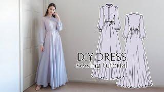 DIY Dior-Inspired Maxi Dress with Mandarin Collar & Bishop Sleeves + Sewing Pattern