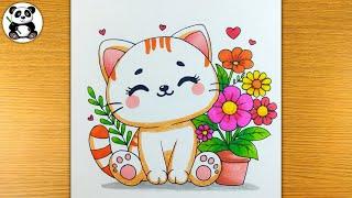 Cute kitty with flowers drawing and colouring | cute pets drawing | cat draw ​⁠​⁠