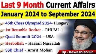 Last 9 Months Current Affairs 2024 | January 2024 To September 2024 | Important Current Affairs 2024