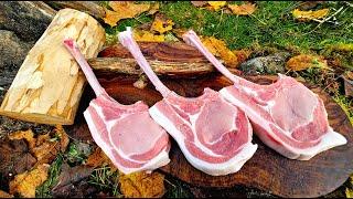 Perfect Pork Chop On The Bone, prepared with the help of a hand made Hammer. ASMR Outdoor Cooking