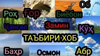 Таъбири хоб: Замин дар хоб,Осмон дар хоб, Бахр,Об,Чангал,Кӯх,Биëбон,Абр,Офтоб,Рох,Гор,Ситора дар хоб