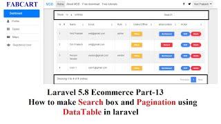 Laravel 5.8 Ecommerce Part-13 | How to make search box and pagination using DataTable in laravel