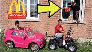 McDonald's Drive Thru Prank on Power Wheels, Kids Pretend Play | FamousTubeKIDS