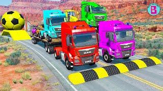 Double Flatbed Trailer Truck vs Speedbumps Train vs Cars | Tractor vs Train Beamng.Drive #023