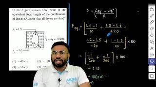 In the figure shown here, what is the equivalent focal length of the combination of lenses (Assume t