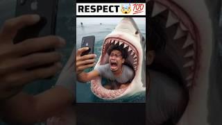This crazy guy is taking a selfie in a shark's mouth
