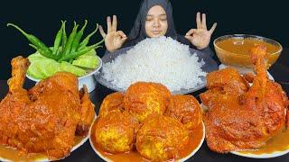 ASMR EATING SPICY CHICKEN WHOLE LEG CURRY, SPICY EGG CURRY, GREEN CHILLI, RICE **FOOD VIDEO**