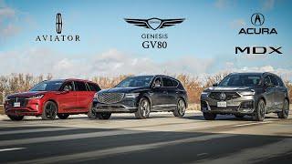 Luxury 3Row Battle! 2025 Lincoln Aviator vs Genesis GV80 3.5T vs Acura MDX Type S. Review and Race