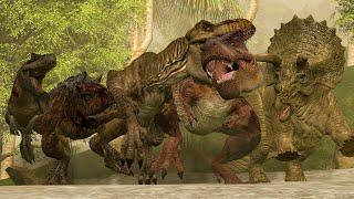 Rexy X Carno vs Tarbosaurus vs Allosaurus vs Triceratops (JURASSIC WORLD REBIRTH ANIMATION)