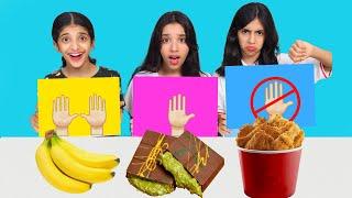 تحدي الأكل بدون يدين ضد يد واحدة ضد يدين !  شفا ضد غزل وريم no hand vs one hand eating challenge