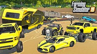 MILLIONAIRE'S GO CAMPING & MUDDING! (LAMBORGHINI & CORVETTE) | FARMING SIMULATOR 2019