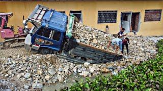 Incredible! Dump Truck Drive Back Uploading Landslide Overturned In the Pond by Dozer Help Rescue