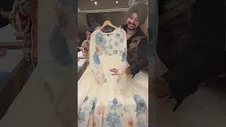 Off white & blue Chiffon Floral print Full Flair Anarkali Suit with Hand Embroidery work on neck &