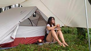 Girl Solo Camping in Heavy Rain - Cooking - Enjoying Sound of Nature - ASMR