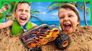 MONSTER TRUCKS AND SAND CASTLES AT THE BEACH!