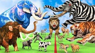 5 Giant Mammoth Elephant Cow vs 5 Giant Lion Tiger vs Hybrid Elephant Zebra Saved By Woolly Mammoth