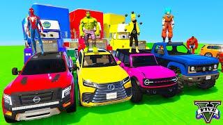 SPIDERMAN CARS Monster Trucks Mega MULTI Ramp Challenge ! SUPERHERO Hulk Stunt JET SKI Motos - GTA V