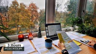 3 HOUR STUDY WITH ME on A RAINY DAY | Background noise, 10-min Break, No music, Study with Merve