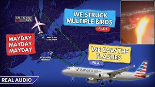 Engine FAILURE with FLASHES after bird strike at LaGuardia. American A321 diverts to JFK. Real ATC