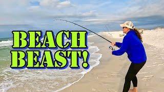 Girl catches a BEAST while SURF FISHING!