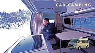 [Winter car camping] Sleeping alone in the car on a freezing snowy night | Hiace camper