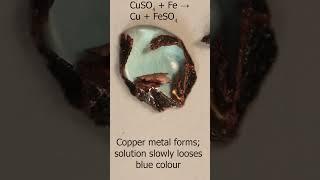 Cu2+ drop and Fe filings; copper metal is formed from solution of its ions; iron is reducing agent