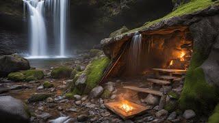 Man builds a warm shelter under a rock near a waterfall