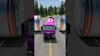 Colourful Long City Buses & Cement Truck vs Bollards Crash - BeamNG.Drive #shorts #beamngdrive #bus