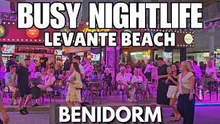 PACKED Nightlife on Benidorm's Levante Beach!  Busy Bars & Promenade