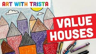 How to Draw Homes in a Neighborhood with Value Art Lesson for Elementary Artists - Art With Trista