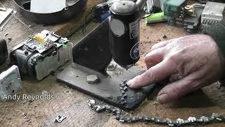 Cutting a saw chain to fit a shorter chainsaw bar, workshop tools, splitting and rivet spinning.