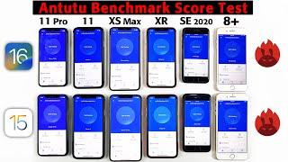 iOS 16 vs iOS 15 Antutu Benchmark Test on iPhone 11 Pro vs 11 vs XS Max vs XR vs SE 2020 vs 8 Plus