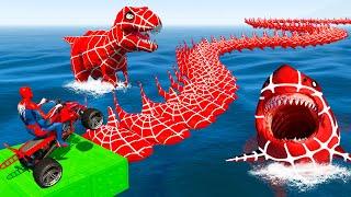 GTA V SPIDER-MAN, Superheroes by Quad Bike Ride Over the Sea on the Spider Shark Bridge by T-Rex