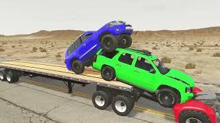 Double Flatbed Trailer Truck vs speedbumps Busses vs speedbumps Beamng drive 328