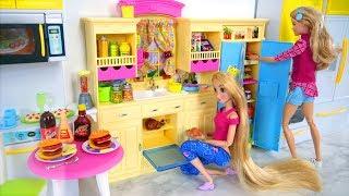 Barbie doll Kitchen Refrigerator Dining table Toy Burger Hotdog Dapur boneka Barbie Boneca Cozinha