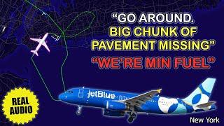 “We’re MIN FUEL” after go around. JetBlue A320 goes around due to pavement failure at JFK. Real ATC