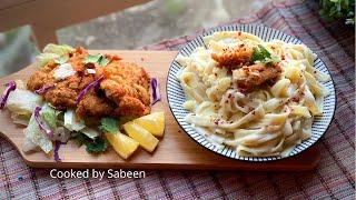 Fettuccine Alfredo with Chicken Schnitzel | Cooked by Sabeen