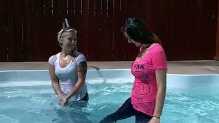 Wet Jeans Girls in Pool