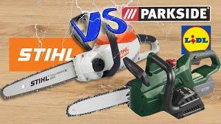 STIHL versus Parkside Akku-Kettensäge (MSA 120 C vs.PKSA 20-Li C3)