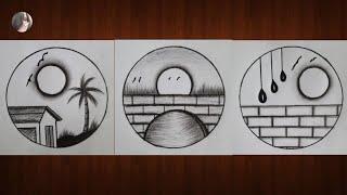 3 Easy circle scenery drawing ideas || Drawing pictures || Nature drawing || Circle drawing