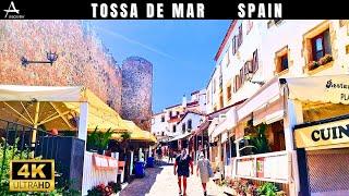 Tossa de Mar  Costa Brava // Old Town and Shopping District // 4K Walking Tour 4K60 // Hot Day