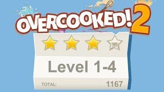 Overcooked 2. Level 1-4. 4 stars. 2 player Co-op