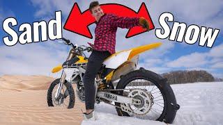 Dirt Bike With Paddle Tire Rips in Sand Dunes and Snow!