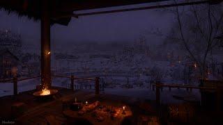 Medieval Winter Night Ambience with Snowstorm | Blizzard, Crackling Fire, Owl, Calming Nature Sounds