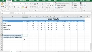 Use the VAR,VAR.S,VAR.P,VARP functions to calculate the variance of a cell range (Excel 2016